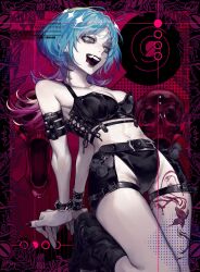  absurdres belt blue_hair breasts collarbone commentary english_commentary fangs female goth_fashion highres jellyfish_cut lingerie looking_at_viewer multicolored_hair nail_polish oki_charcoal open_mouth original pale_skin piercing punk red_nails sharp_teeth skull_print smile solo teeth thigh_strap tongue tongue_out tongue_piercing underwear white_eyes 
