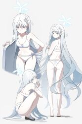  absurdres ass ass_visible_through_thighs bikini blue_archive breasts commentary_request cowboy_shot d4aann female from_behind full_body hair_ornament halo haori highres japanese_clothes long_hair looking_at_viewer multiple_views nagusa_(blue_archive) nagusa_(swimsuit)_(blue_archive) official_alternate_costume small_breasts snowflake_hair_ornament snowflake_halo squatting standing swimsuit thigh_gap very_long_hair white_bikini white_eyes white_hair white_halo white_haori 