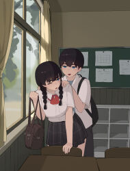  1boy age_difference akiyama_fumika_(pepper0) bag black_hair black_skirt blue_eyes bow bowtie breasts brother_and_sister brown_bag classroom commentary female hands_on_another's_shoulders highres indoors large_breasts one_eye_closed onee-shota original pepper0 pleated_skirt red_bow red_bowtie shirt short_sleeves siblings skirt untranslatable_commentary white_shirt window 