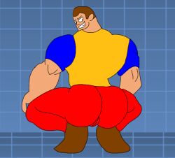  1boy ass blue_sleeves broly_culo_(meme) cameltoe cuntboy dee_bee_kaw grid_background huge_ass implied_cuntboy looking_at_viewer looking_back m.u.g.e.n male_focus meme off-topic open_mouth pants pussy red_pants scheming short_sleeves solo teeth 
