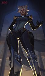  absurdres android black_gloves black_lips blue_eyes camille_(league) female from_below gloves glowing glowing_eyes hair_bun highres league_of_legends lips looking_at_viewer mogeckko narrow_waist parted_bangs signature solo white_eyes 