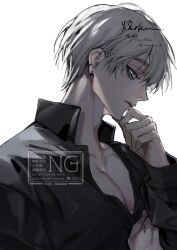  1boy black_shirt commentary_request ear_piercing from_side highres jacket jewelry long_sleeves looking_at_viewer looking_to_the_side male_focus oki_charcoal open_collar original piercing profile shirt short_hair solo upper_body white_background white_eyes white_hair 