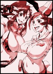  2girls armpits bikini bikini_top_only breasts crossover fingerless_gloves getsumento_heiki_miina gloves happy huge_breasts lipstick makeup midriff monochrome multiple_girls red_hair scarf short_shorts shorts smile spikes st-retcher striped_clothes striped_scarf swimsuit tengen_toppa_gurren_lagann tsukishiro_mina v yoko_littner 