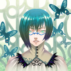  blue_butterfly bug butterfly female glasses green_eyes green_hair miogrobin original short_hair solo 