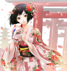  black_hair camellia cherry_blossoms female floral_print flower fox_mask japanese_clothes kimono mask miogrobin original petals short_hair solo torii yellow_eyes 