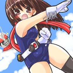  bad_id bad_pixiv_id belt brown_eyes brown_hair dd_(ijigendd) female gloves kamen_rider kamen_rider_super-1 kamen_rider_super-1_(series) one-piece_swimsuit red_scarf scarf school_swimsuit solo swimsuit thighhighs 