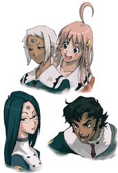  1boy 3girls :&gt; :d ahoge black_hair blue_eyes blue_hair blush blush_stickers braid dark-skinned_male dark_skin embarrassed flipped_hair freckles glasses green_eyes hair_ornament half-closed_eyes lal&#039;c_mellk_mal leaning long_hair looking_at_viewer multiple_girls necktie nichola_vacheron nono_(top_wo_nerae_2!) nyan_nok_cham open_mouth parted_lips pink_hair rimless_eyewear short_hair side_braid sidelocks simple_background smile st-retcher top_wo_nerae_2! turtleneck v-shaped_eyebrows white_background white_hair yellow_eyes 