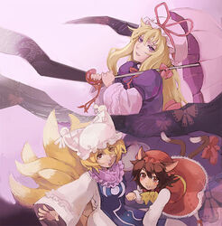  3girls animal_ears animal_hat blonde_hair brooch cat_ears cat_tail chen collared_dress collared_shirt commentary_request dress fox_tail frilled_shirt_collar frills gem hat jewelry long_sleeves looking_at_viewer lovecom mob_cap multiple_girls multiple_tails nekomata red_dress shirt short_hair tabard tail tassel touhou two_tails wide_sleeves yakumo_ran yakumo_yukari 