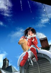  black_hair boots capybara chimney christmas cold commentary_request day female icicle oerba_yun_fang original pants santa_costume sitting sky smoke snow solo winter yonasawa 