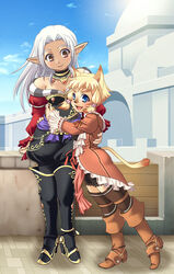  2girls :d adventurer_(ff11) animal_ears bare_shoulders black_pants black_shorts black_thighhighs blonde_hair blue_eyes blue_sky boots breasts brown_thighhighs cat_ears cat_girl cat_tail cleavage closed_mouth cloud corsair_(final_fantasy) dark-skinned_female dark_skin day elf elvaan facial_mark final_fantasy final_fantasy_xi gold_trim hair_intakes hair_tubes high_heel_boots high_heels katy_(artist) knee_boots long_hair long_sleeves looking_at_another mithra_(ff11) multiple_girls off_shoulder open_mouth orange_eyes orange_footwear outdoors pants pointy_ears puffy_pants puppetmaster_(final_fantasy) short_hair shorts sky small_breasts smile tail thigh_boots thighhighs whisker_markings white_hair zettai_ryouiki 