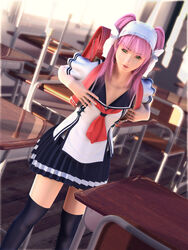  3d backpack bag bonnet classroom clear_(character) desk female incise_soul indoors m-rs pink_hair randoseru school_desk school_uniform serafuku solo thighhighs 