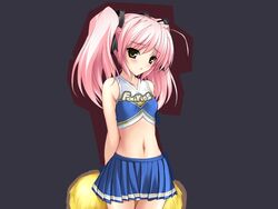  blush cheerleader choukou_sennin_haruka female game_cg midriff miniskirt navel onigirikun pink_hair pom_pom_(cheerleading) shihoudou_narika skirt solo twintails 