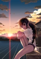  black_buruma black_hair braid buruma cloud commentary_request female glasses gym_uniform original sky solo sun twin_braids yakamoto_(yonasawa) yonasawa 