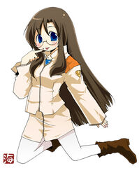  :p blue_eyes blush boots brown_footwear brown_hair female finger_to_mouth full_body glasses knee_boots long_hair long_sleeves looking_at_viewer lyrical_nanoha mahou_shoujo_lyrical_nanoha_strikers military military_uniform neon_genesis_evangelion pantyhose pencil_skirt rimless_eyewear shario_finieno simple_background skirt sleeves_past_wrists smile solo straight_hair tongue tongue_out uniform very_long_hair wadatsumi_garland white_background white_pantyhose white_skirt 