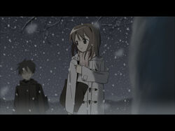  1boy bag brown_hair byousoku_5_centimeter coat commentary_request female letterboxed nagareboshi scarf shinohara_akari snow snowing toggles toono_takaki 