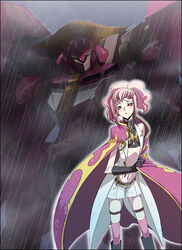  anya_alstreim bad_id bad_pixiv_id cape code_geass dalc_rose female knightmare_frame knights_of_the_round_uniform mecha mordred_(code_geass) pink_hair rain red_hair robot solo thighhighs 