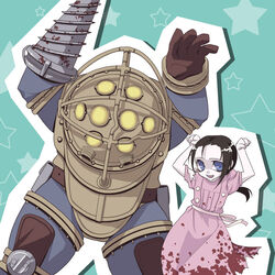  animification armor arms_up big_daddy_(bioshock) bioshock_(series) bioshock_1 black_hair blood blood_on_clothes blue_eyes caramelldansen diving_suit dress drill drill_hand female gloves helmet little_sister_(bioshock) long_hair mitake_eil open_mouth pink_dress single_glove star_(symbol) starry_background torn_clothes torn_dress 