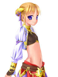  aphmau artist_request belt blonde_hair blue_eyes blush brown_gloves cowboy_shot female final_fantasy final_fantasy_xi fingerless_gloves gem gloves hume long_sleeves midriff navel short_hair simple_background solo stomach white_background 