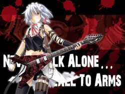  bad_id bad_pixiv_id braid electric_guitar female gibson_flying_v grey_hair guitar highres instrument izayoi_sakuya lyrics megadeth photoshop_(medium) short_hair solo thighhighs touhou twin_braids yuuki_eishi 