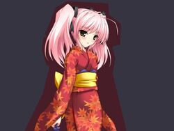  blush choukou_sennin_haruka female game_cg japanese_clothes kimono onigirikun pink_hair red_kimono shihoudou_narika solo twintails 