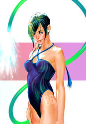  cable commentary_request female green_eyes hair_over_one_eye halterneck lips looking_at_viewer one-piece_swimsuit original smile solo standing sun_tattoo swimsuit tan tanlines trickyagura 