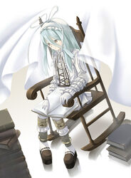  .hack// .hack//g.u. .hack//roots aina_(.hack//) blue_hair book brown_eyes chair dress female frills full_body gathers gloves gothic_lolita hat kazuki_sanbi lolita_fashion long_hair ribbon rocking_chair sitting solo 