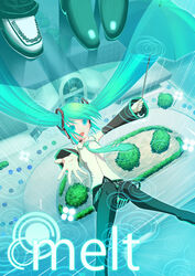  aqua_eyes aqua_hair commentary_request falling female hatsune_miku long_hair melt_(vocaloid) necktie rain shoes solo thighhighs twintails umbrella umbrella_riding vocaloid yonasawa 