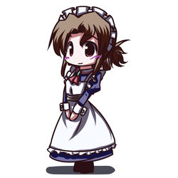  apron ascot blush brown_eyes brown_hair chibi closed_mouth commentary_request cuff_links dress female fictional_sister folded_ponytail full_body hayate_no_gotoku! juliet_sleeves long_sleeves maid maid_apron maid_headdress maria_(hayate_no_gotoku!) own_hands_together puffy_sleeves simple_background smile solo standing white_background 