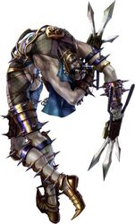  1boy dagger from_behind jamadhar kawano_takuji knife male_focus mask official_art simple_background solo soulcalibur soulcalibur_iv voldo weapon white_background 