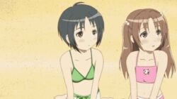  3girls animated animated anime_screenshot beach bikini bouncing_breasts breast_awe breast_envy breasts cleavage flat_chest hair_bobbles hair_ornament lowres minami-ke minami_haruka multiple_girls sand small_breasts swimsuit tankini twintails two_side_up uchida_yuka yoshino_(minami-ke) yuri 