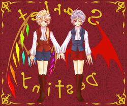  2boys bat_wings boots commentary_request fingernails flandre_scarlet genderswap_(ftm) kisaragi_you long_fingernails male_focus multiple_boys red_eyes remilia_scarlet rule_63 siblings touhou wings 