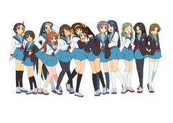  6+girls ahoge asahina_mikuru asakura_ryouko bad_id bad_pixiv_id blue_hair blue_sailor_collar blue_skirt brown_cardigan brown_hair cardigan computer_club_president_(female)_(suzumiya_haruhi) everyone full_body genderswap_(mtf) glasses green_hair hair_ornament highres hug kimidori_emiri kita_high_school_uniform kneehighs koizumi_itsuki_(female) kunikida_(female)_(suzumiya_haruhi) kyonko long_hair long_sleeves multiple_girls nagato_yuki open_cardigan open_clothes open_mouth orange_hair pantyhose ponytail purple_hair rule_63 sailor_collar school_uniform serafuku shoes simple_background skirt smile socks student_council_president_(female)_(suzumiya_haruhi) suzumiya_haruhi suzumiya_haruhi_no_yuuutsu taniguchi_(female)_(suzumiya_haruhi) thighhighs tsuruya twintails uwabaki very_long_hair white_background white_footwear winter_uniform yuuya_(musaishoku) zettai_ryouiki 