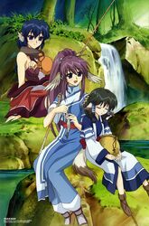  3girls absurdres animal_ears aruruu blue_hair brown_hair comp_h&#039;s dog_ears fish highres japanese_clothes karulau long_hair multiple_girls nakata_masahiko ponytail purple_hair short_hair sitting tail touka_(utawarerumono) utawarerumono 