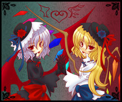  2girls bat_wings blonde_hair commentary_request flandre_scarlet holding_hands interlocked_fingers kisaragi_you multiple_girls red_eyes remilia_scarlet siblings sisters touhou wings 