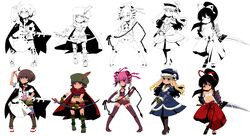  5girls ahoge armor bandages bare_shoulders belt black_eyes blonde_hair blue_eyes blue_thighhighs blunt_bangs blush body_blush boots bow_(weapon) brown_hair bushidou_(sekaiju) bushidou_2_(sekaiju) buttons cape coat commentary_request crop_top dark_hunter dark_hunter_4 dress drill_hair elbow_gloves everyone fantasy feathers fighting_stance flat_chest frown fur_trim gloves green_eyes gun gunner_(sekaiju) gunner_2_(sekaiju) hair_ribbon hakama hakama_skirt halterneck handgun hat high_heels highres holding ichihaya jack_frost_(megami_tensei) japanese_clothes knee_boots line_art lineup long_hair looking_at_viewer medic_(sekaiju) medic_2_(sekaiju) midriff multiple_girls navel no_shirt partially_colored pink_hair pink_legwear ponytail purple_eyes purple_legwear ranger_(sekaiju) ranger_2_(sekaiju) red_hakama ribbon sailor_dress sandals sarashi sekaiju_no_meikyuu sekaiju_no_meikyuu_2 sheath shoes short_hair short_shorts shorts sidelocks simple_background skirt smile smiley_face socks spread_legs strap striped_clothes striped_thighhighs sword thigh_boots thighhighs twin_drills twintails vest weapon whip zettai_ryouiki 