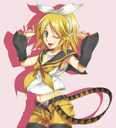  ;d arm_warmers bad_id bad_pixiv_id belt blonde_hair blouse blue_eyes bow buckle cowboy_shot crop_top female hair_ornament hairbow hairclip hands_up headphones kagamine_rin kagamine_rin_(if) midriff navel one_eye_closed open_mouth pink_background ribbon sailor_collar shirt short_hair shorts silhouette simple_background sleeveless smile solo stomach swept_bangs tattoo tsurugi_(artist) vocaloid white_bow white_shirt yellow_ribbon yellow_shorts 