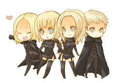  4girls blonde_hair cape chibi clare_(claymore) claymore_(series) closed_eyes commentary_request deneve elbow_gloves garter_belt gloves grey_eyes heart helen_(claymore) lingerie miria_(claymore) multiple_girls oerba_yun_fang pocopoco ponytail short_hair standing thighhighs underwear 