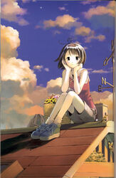  brown_hair female highres kikuchi_yume mahou_tsukai_ni_taisetsu_na_koto sailor_collar shoes short_hair sitting sneakers solo weather_vane yoshizuki_kumichi 