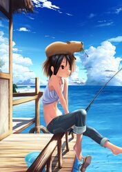  animal animal_on_head barefoot black_hair brown_eyes capybara cloud commentary_request day denim female fishing fishing_rod holding holding_fishing_rod jeans midriff object_on_head ocean on_head original outdoors pants sandals shoe_dangle short_hair sitting sky solo tank_top yonasawa 