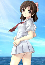  aoi_minamo bad_id bad_pixiv_id brown_hair female kimishima_ao no_panties photoshop_(medium) real_drive red_eyes school_uniform serafuku solo 