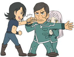  2boys allelujah_haptism black_eyes black_hair boots chibi commentary_request facial_hair female grey_hair gundam gundam_00 holding_another&#039;s_wrist isomine long_hair lowres md5_mismatch medium_hair military military_uniform moustache multiple_boys oerba_yun_fang outstretched_arm protecting scar sergei_smirnov simple_background smile soma_peries uniform white_background yellow_eyes 