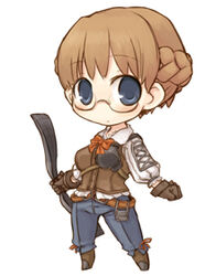  7010 blue_eyes bow_(weapon) braid brown_hair chibi fantasy_earth fantasy_earth_zero female glasses lowres scout_(fantasy_earth) short_hair solo weapon 