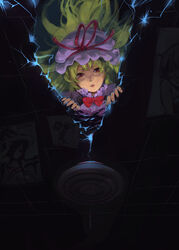  bad_id bad_pixiv_id blonde_hair bow ceiling drawing_(object) dress female from_above gap_(touhou) hat hat_ribbon lips long_hair looking_at_viewer lovecom mob_cap parted_lips pov purple_dress red_eyes ribbon solo touhou very_long_hair yakumo_yukari 