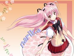  ahoge artist_request blush bow bowtie choukou_sennin_haruka female flat_chest flower hair_ribbon long_hair orange_eyes outstretched_arms pink_hair pleated_skirt ribbon school_uniform shihoudou_narika skirt smile solo spread_arms standing twintails wind 