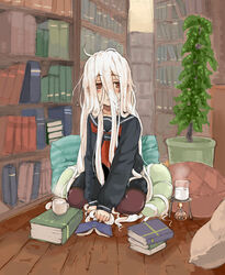  alcohol_burner bad_id bad_pixiv_id beaker black_sailor_collar black_shirt book book_stack bookshelf copyright_request cup female full_body hair_between_eyes indoors lefty10 library long_hair looking_at_viewer messy_hair neckerchief on_floor pantyhose parted_lips pillow plant potted_plant red_neckerchief sailor_collar school_uniform serafuku shirt sitting solo steam teacup very_long_hair white_hair 