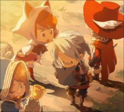  3boys animal_ears animal_hood arc_(ff3) bad_id bad_pixiv_id bell cat_ears cat_hood chibi devout female final_fantasy final_fantasy_iii geomancer_(final_fantasy) hat hood ingus luneth multiple_boys nessie_(kska) red_mage_(final_fantasy) refia warrior_(final_fantasy) 