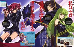  4girls 6+boys absurdres c.c. cape code_geass green_hair gun handgun highres kouzuki_kallen lelouch_vi_britannia long_hair multiple_boys multiple_girls newtype okayama_shinako order_of_the_black_knights_uniform photoshop_(medium) scan thighhighs weapon zero_(code_geass) 