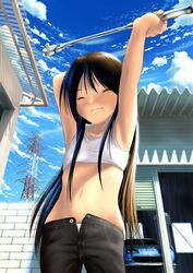  armpits black_hair car closed_eyes cloud commentary_request cowboy_shot day denim female flat_chest jeans long_hair midriff motor_vehicle open_fly original outdoors panties pants power_lines sky socket_wrench solo stretching tools underwear unzipped white_panties wrench yonasawa 