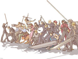  4girls 6+boys aerith_gainsborough artistic_error barret_wallace buster_sword cait_sith_(ff7) cid_highwind cloud_strife crisis_core_final_fantasy_vii crop_top dark_nation dress elena_(ff7) everyone final_fantasy final_fantasy_vii final_fantasy_vii_advent_children gun huge_weapon kadaj long_hair loz multiple_boys multiple_girls opposing_sides photoshop_(medium) pink_dress popochan-f red_xiii reno_(ff7) rude_(ff7) rufus_shinra sephiroth sword tifa_lockhart tseng turks_(ff7) vincent_valentine weapon yazoo yuffie_kisaragi zack_fair 