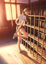  braid buruma commentary_request evening female glasses gym_uniform hair_over_shoulder original shade shadow shoes solo twilight twin_braids yakamoto_(yonasawa) yonasawa 